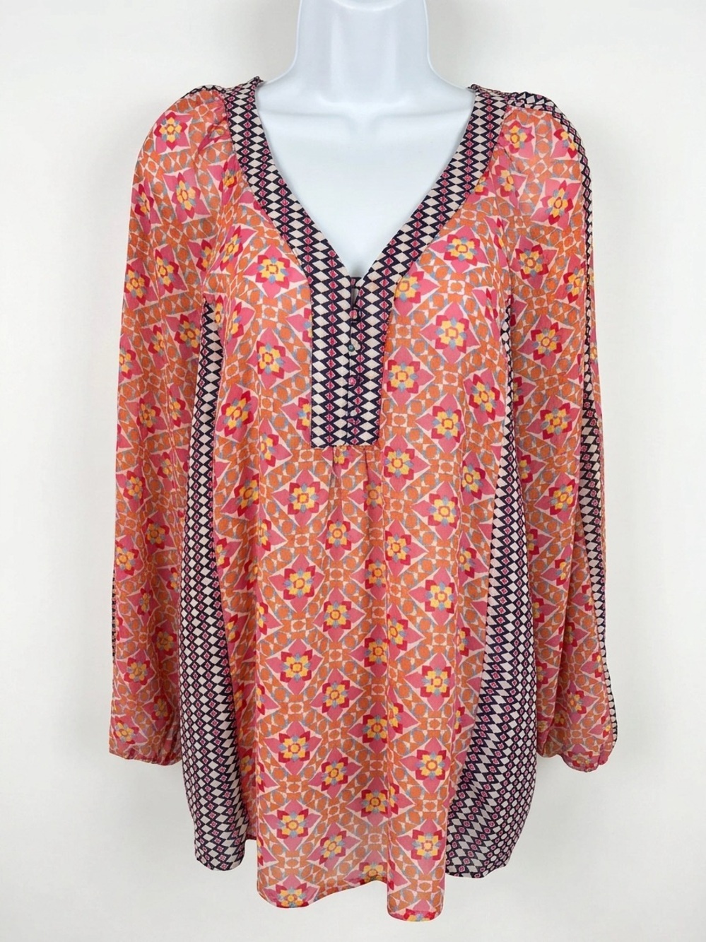 Zac & Rachel Pink and Orange Geometric Print V-Neck Blouse
